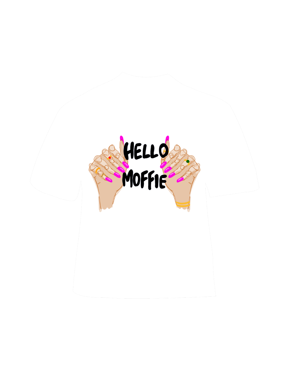 'Hello Moffie' text tee framed by two illustrated hands with pink nails