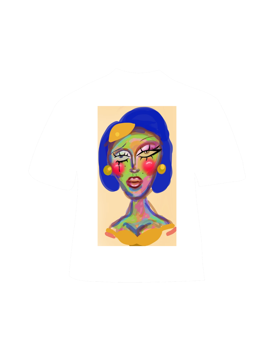 Colourful abstract portrait tee with painterly makeup detail