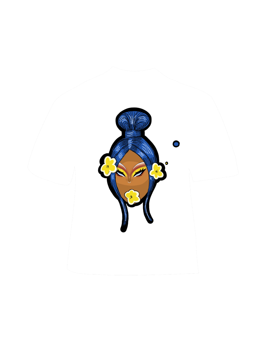 Illustrated portrait tee with blue hair and yellow flower accents