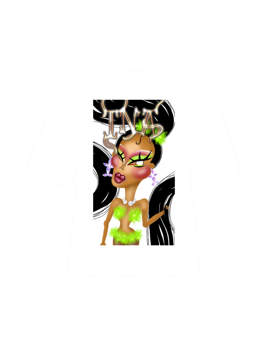 Illustrated drag portrait tee with glowing 'Ina' lettering