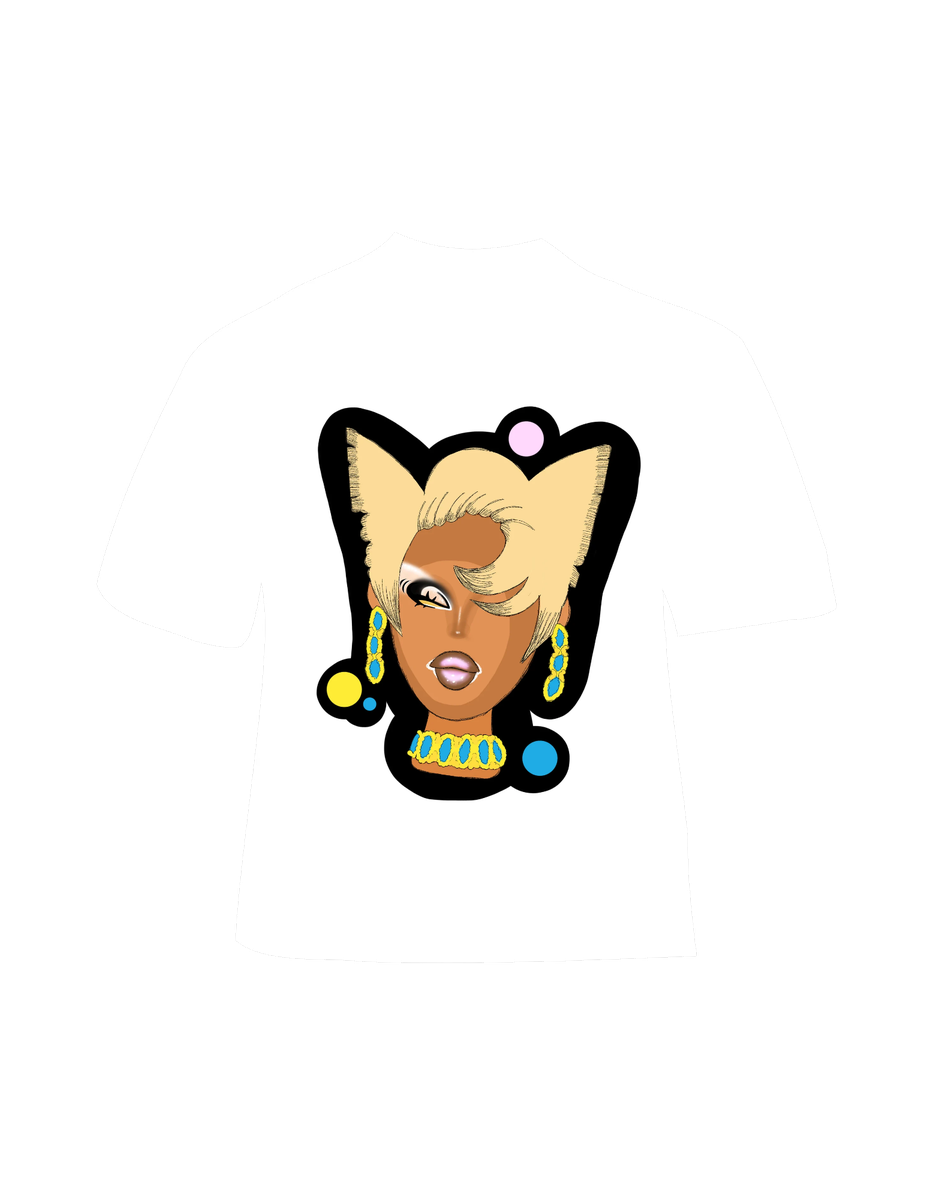 Illustrated portrait tee with a blonde wig and gold jewellery