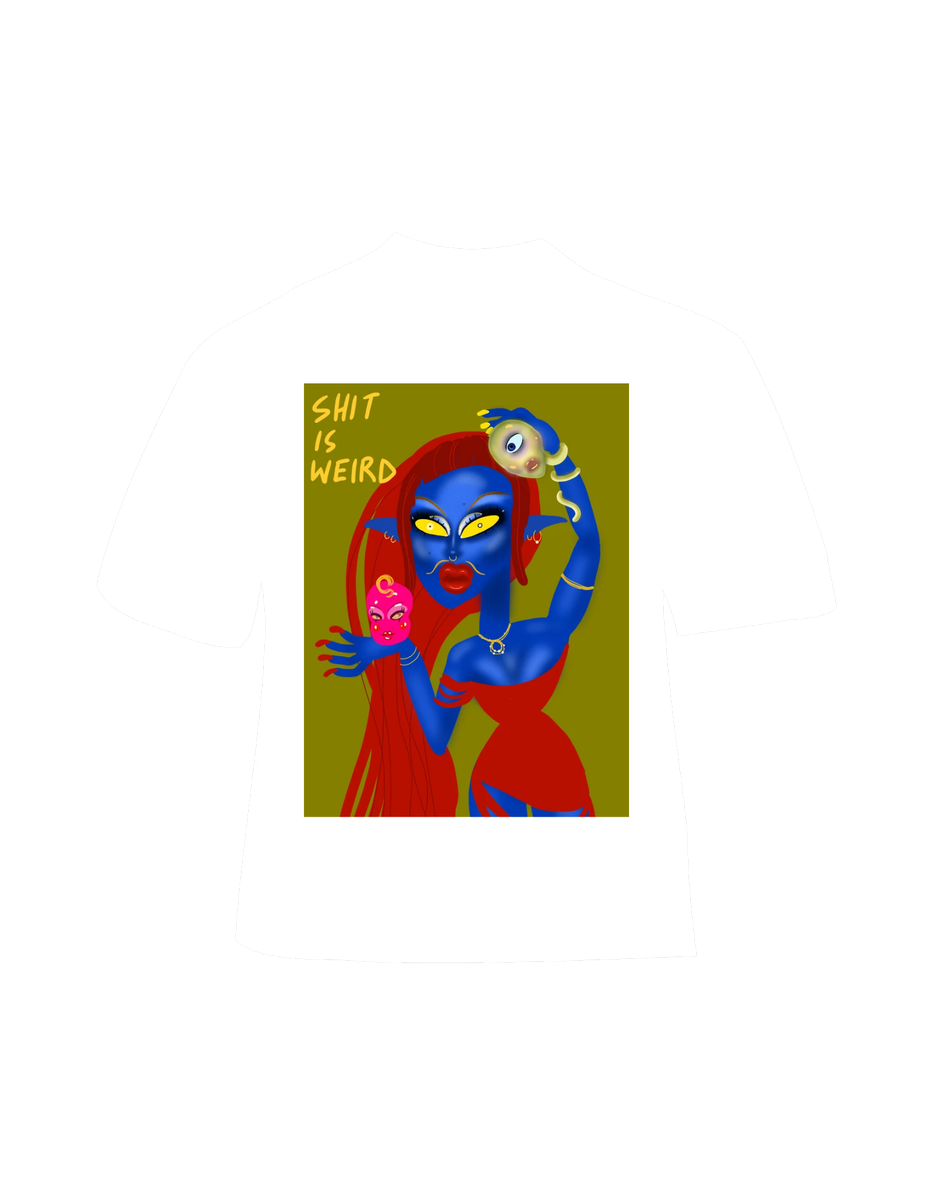 'Shit Is Weird' graphic tee featuring a blue illustrated character