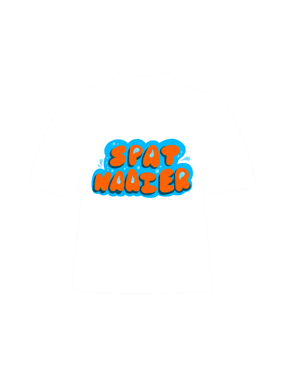 Bold bubble-lettered 'Spat Naaier' graphic tee in orange and blue